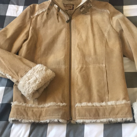 Womens WILSONS LEATHER Suede Camel Tan SHERPA Faux Fur Quilted Jacket Sz Large L - Picture 3 of 16